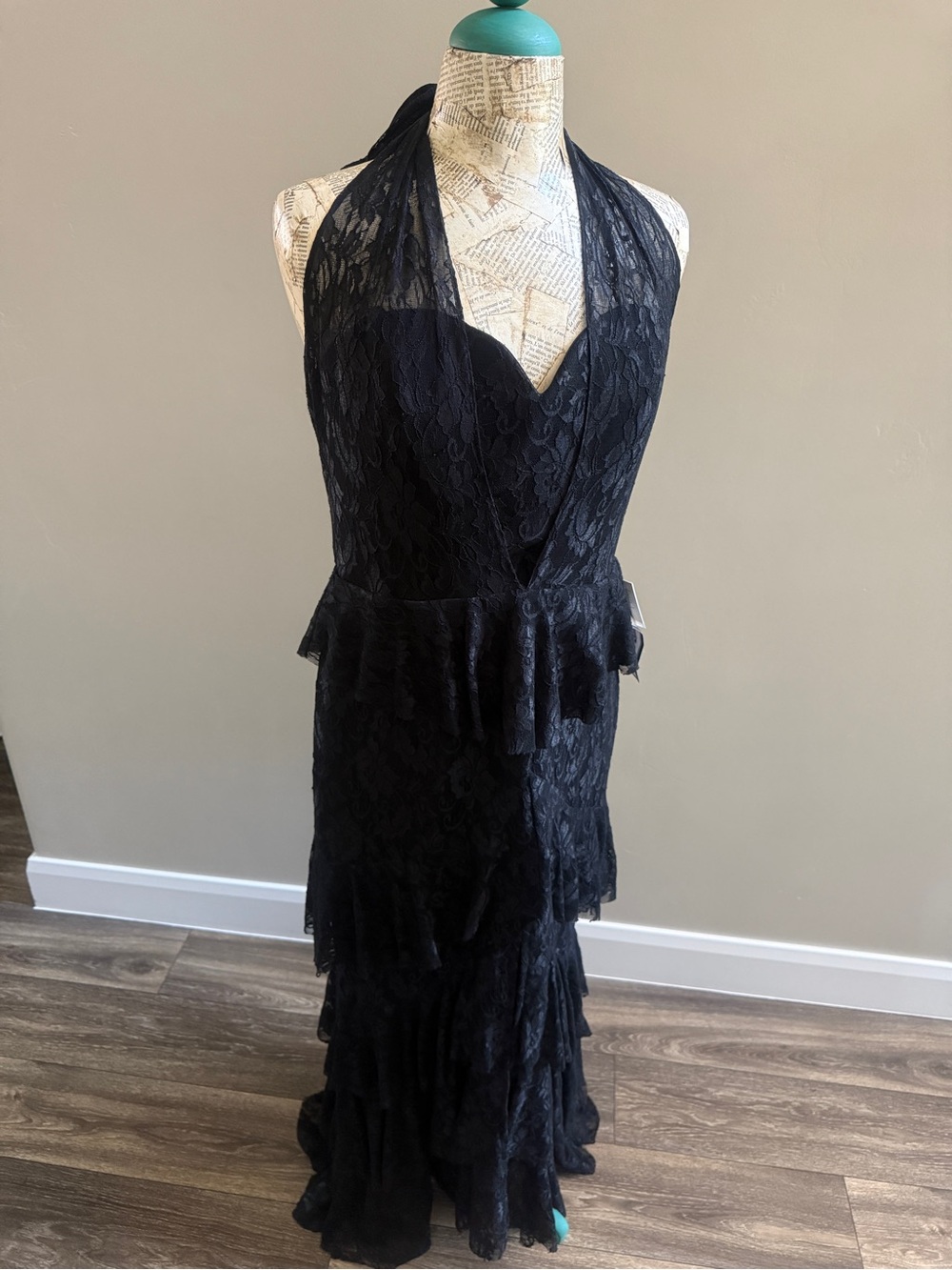 Betsy & Adam Black Lace Halter Tiered Evening Dress - NEW with tags